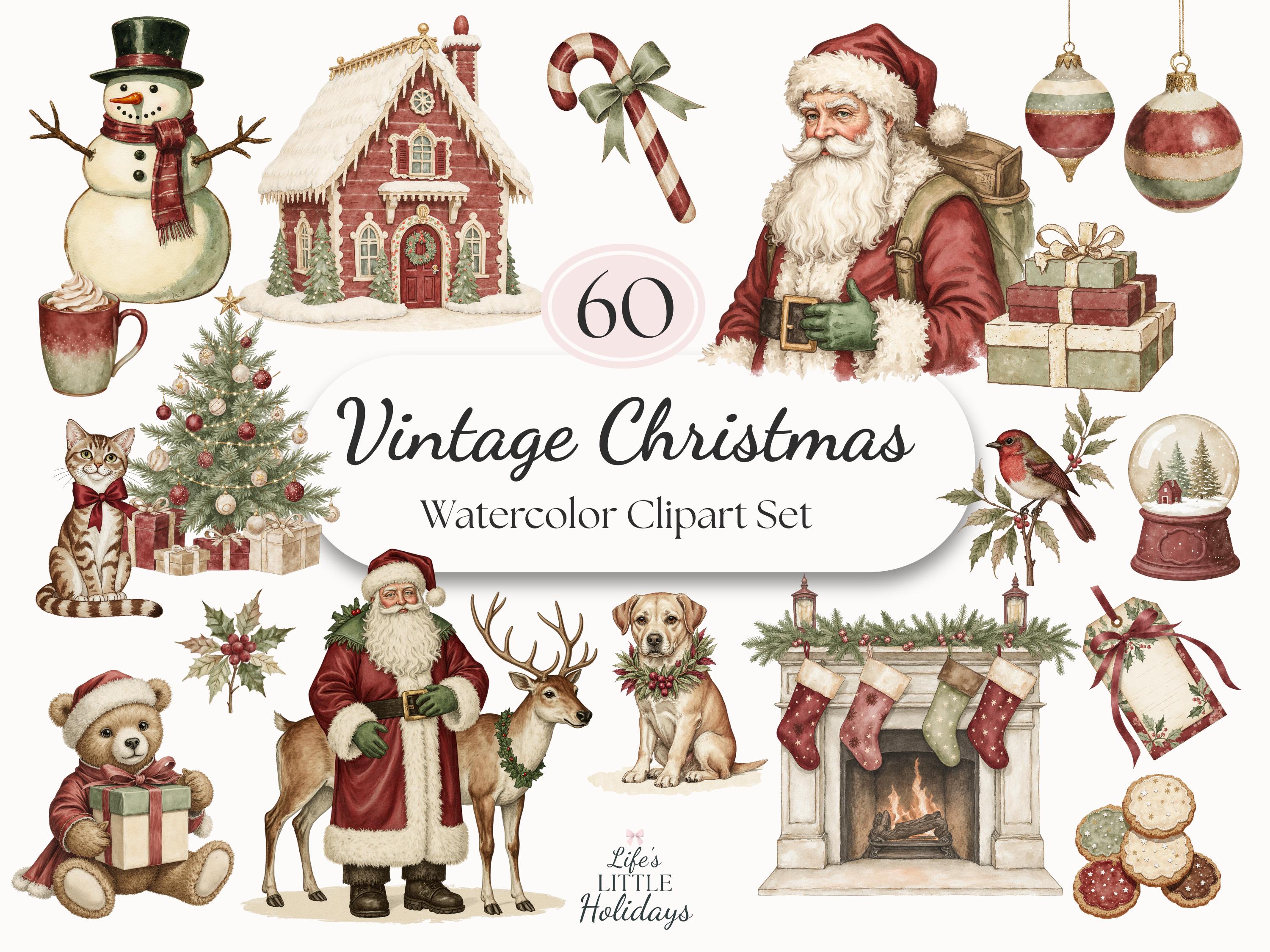 Vintage Christmas Watercolor Clipart Retro Holiday Pngs for Sublimation ...