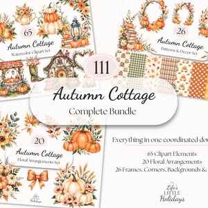 以下が含まれることがあります： Autumn Cottage Complete Bundleというタイトルのデジタルダウンロードセット。カボチャ、フラワーアレンジメント、フレーム、パターン、装飾など、111点の水彩画風素材が含まれています。65点のクリップアート、20点のフラワーアレンジメント、26点のフレーム、コーナー、背景、パターンで構成され、オレンジ、茶色、緑の秋らしい色調が特徴です。