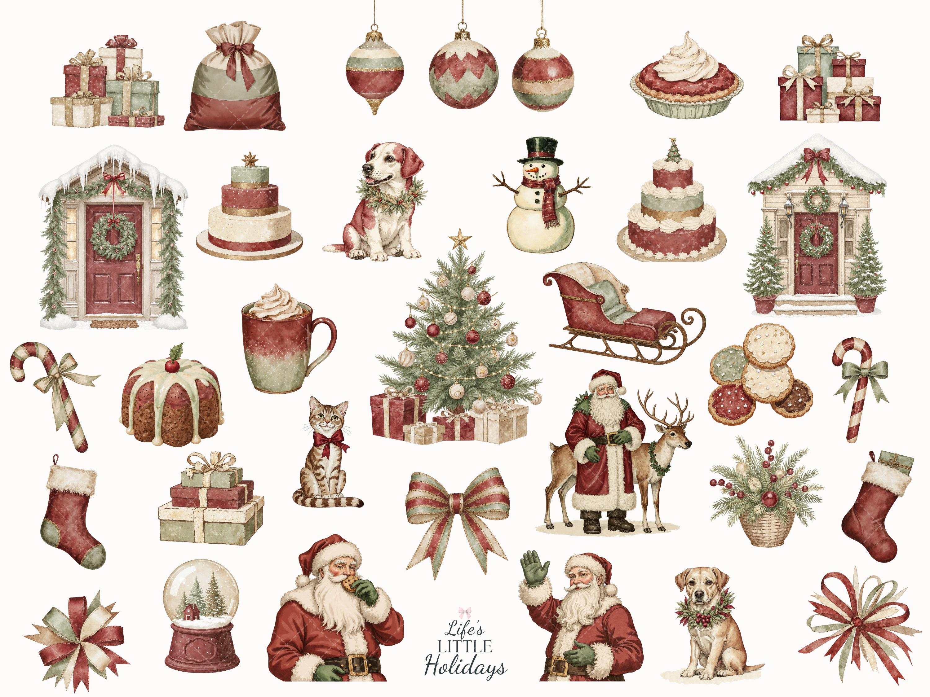 Vintage Christmas Watercolor Clipart Retro Holiday Pngs for Sublimation ...