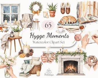 Momentos Hygge em aquarela Clipart PNGs aconchegantes de inverno para sublimação Scrapbooking Cartões Artesanato