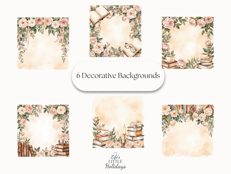 Cozy Chapters Patterns & Decor Set | Watercolor Book Frames, Digital ...