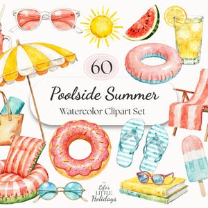 Poolside Summer Watercolor Clipart Set | Pool Party Clipart, Summer Clipart PNG, Popsicles, Sunglasses and Pool Float Clipart