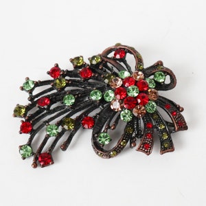 Vintage Rhinestone Large Brooch Red Green Flower Pin