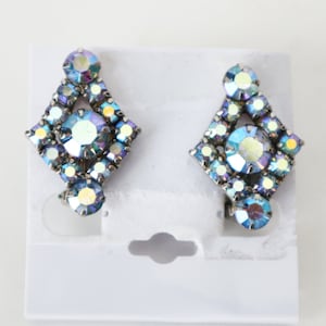 Vintage Earrings Clip On Blue Auroara Borealis Rhinestones Mid Century 1950s  Lot A