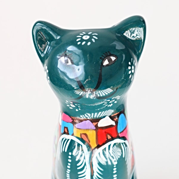 Vintage Talavera Cat Bank Folk Art Mexican Pottery Handpainted