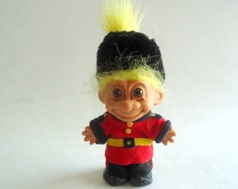 Vintage Troll Doll Ace Novelty Treasure Troll Doll English Royal Guard  Beefeater Yellow Hair Brown Eyes Wishstone Trolls 5" Troll