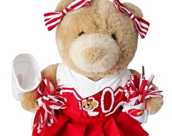 Vintage Build A Bear Cheerleader Bear Red White Cheer Outfit Pom Poms Megaphone Pennant