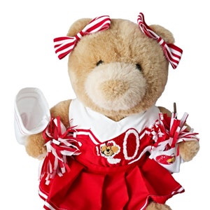 Vintage Build A Bear Cheerleader Bear Red White Cheer Outfit Pom Poms Megaphone Pennant