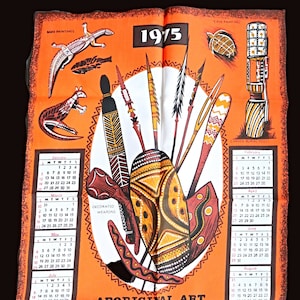 Retro Vintage Calendar 1975 Aboriginal Art of Australia Tea Towel - Birthday Cotton Tribe Rock Drawings