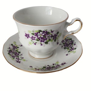 Teacup and Saucer Vintage Queen Anne Tea Cup Saucer Fine Bone China England Purple Violets Floral