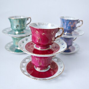 6 Vintage Teacup & Reticulated Saucer Tea Cups Lusterware Japan Ohashi China 1930s