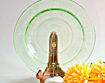 Green Depression Glass Cameo Ballerina Flat Soup Bowl Anchor Hocking Vintage Uranium Glass 1930's