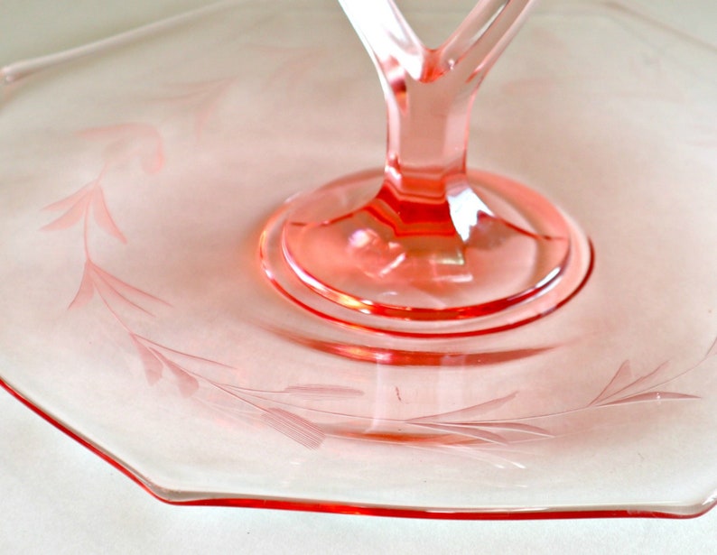 Pink Depression Glass Tidbit Tray Etched Center Handle Serving Etsy