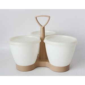 Vintage Tupperware Serve ‘n Store 3-pc Condiment Set with Caddy Carrier Almond