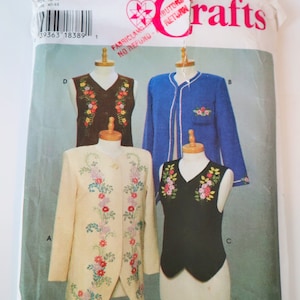 May include: Simplicity Crafts sewing pattern showing four clothing designs: a brown vest, a blue jacket, a cream coat, and a black vest. Each garment has floral embroidery. The pattern includes sizes 12, 14, and 16.