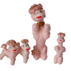 Vintage Spaghetti Pink Poodle with 3 Baby Poodles Figurine 1950&#39;s Japan