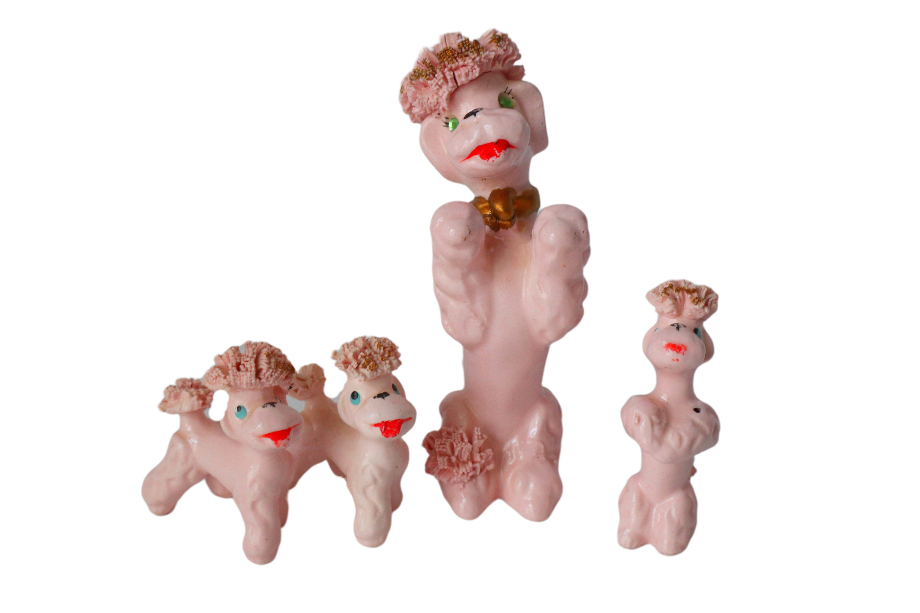 60年代ピンク、スバゲッティープードル親子3匹アメリカ輸出用 Vintage Spaghetti Pink Poodle With 3 Baby Poodles Figurine 1950's