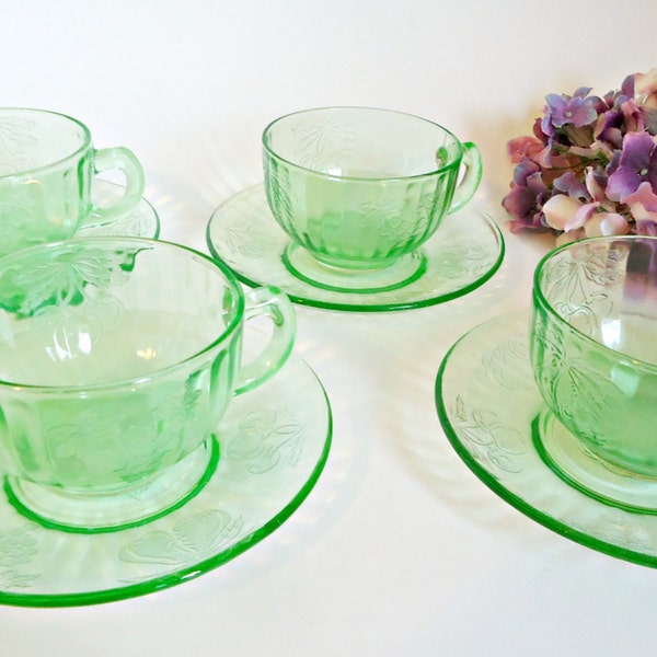 4 Green Depression Glass Fruits Cup & Saucer Hazel Atlas Uranium Glass 1930's