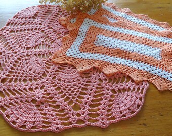 3 Doilies Doily Crocheted Doily Salmon & White Vintage Doilies  S5