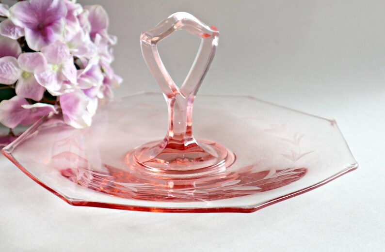 Pink Depression Glass Tidbit Tray Etched Center Handle Serving Etsy