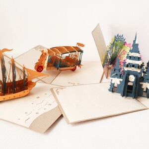 4 Vintage Pop Up Cards Intricate Peacock Galleon Ship Temple Thailand Bus