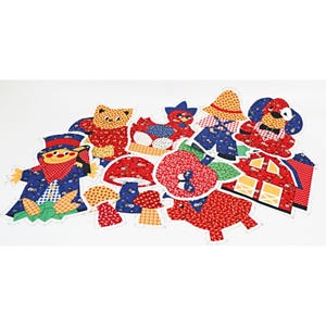 May include: A set of felt appliques featuring farm animals, a scarecrow, a mushroom, and a barn. The appliques are made of red, blue, yellow, and white fabric with a patchwork design.