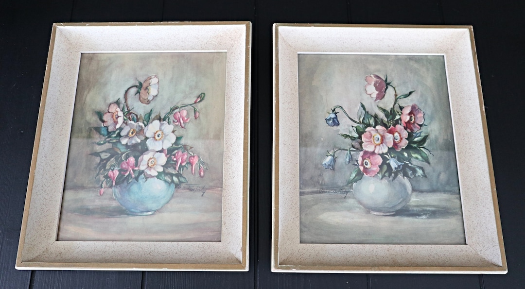 2 Vintage Countess Zichy Prints Flowers 1960's Wood Frame Etsy