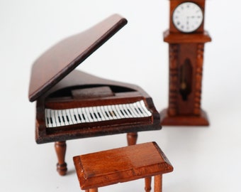 Vintage Dollhouse Furniture Wood Grand Piano With Bench & Grandfather Clock Miniature