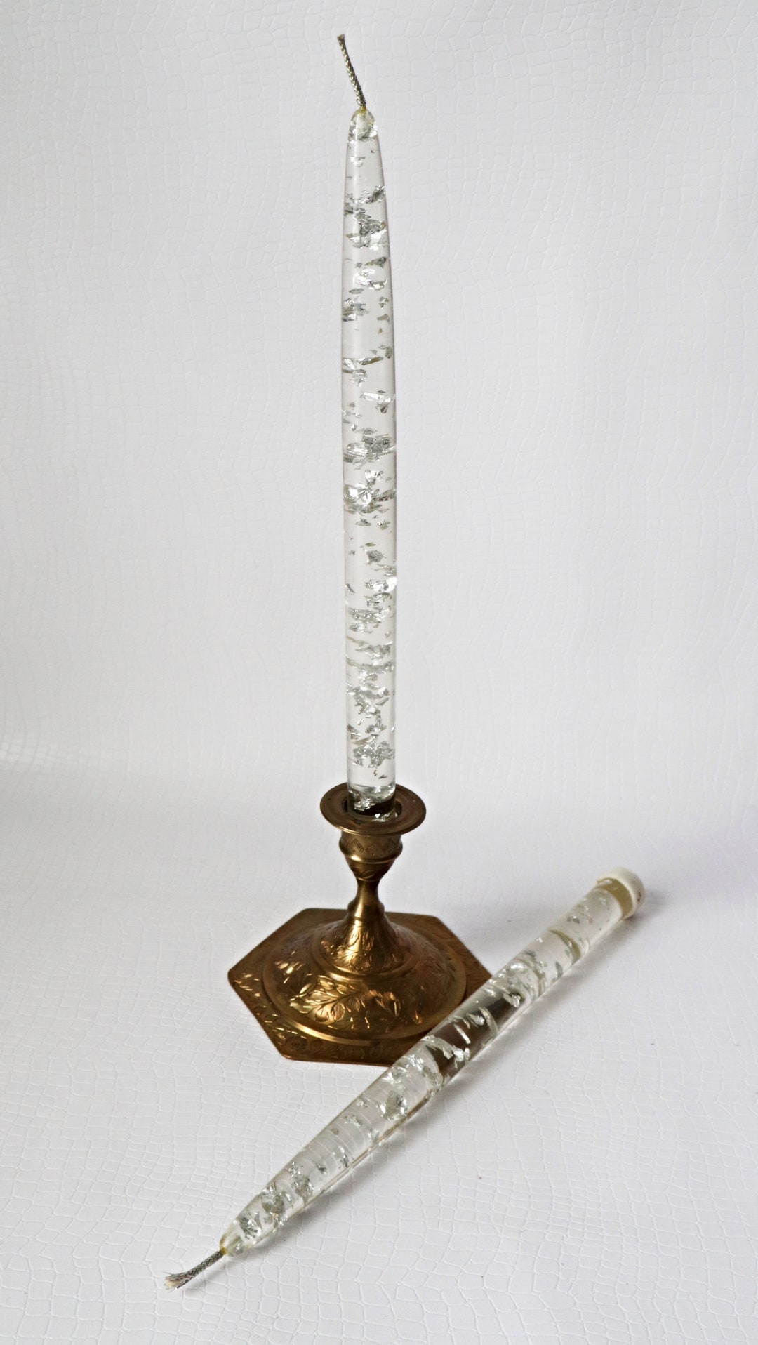 Vintage Pair of Lucite Acrylic Candlesticks Candles Clear With Silver