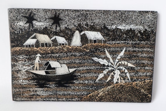 ヴィンテージアジア - ベトナム手塗りブラックラッカーウォールアート 3 Piece Vietnamese Wood Black Lacquer Daily Life Fishing Village