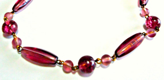 Collier Vintage Années 70 - 6 Rangs Chaînes & Perles En Verre Mauve, Occasion Rétro