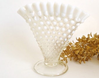 Depression Glass Moonstone Vase Fenton Hobnail Opalescent Ruffled Fan Vase  Anchor Hocking