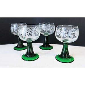 Vintage Etched Emerald Green Luminarc Beehive Rhein Roemer Wine Glasses Barware
