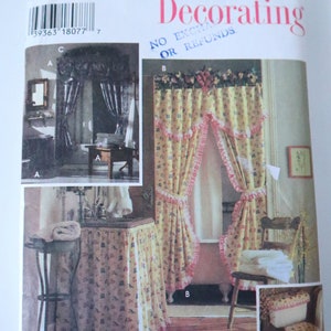May include: A sewing pattern for home decorating, featuring a bathroom vanity skirt, curtains, and a toilet seat cover. The pattern is for one size and includes instructions for making the items. The pattern is from Simplicity Home Decorating.