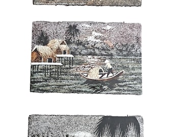 3 Piece Vietnamese Wood Black Lacquer Daily Life Fishing Village