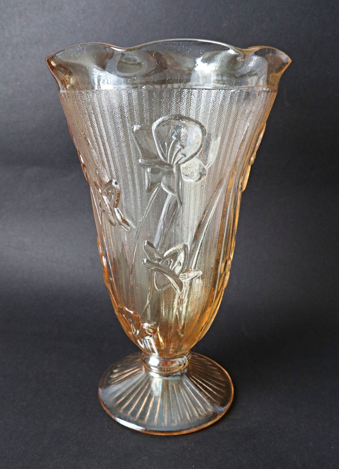 ART DECO Style ガラス 金属 花瓶　Vintage Depression Glass Iris and Herringbone Vase Iridescent Jeanette