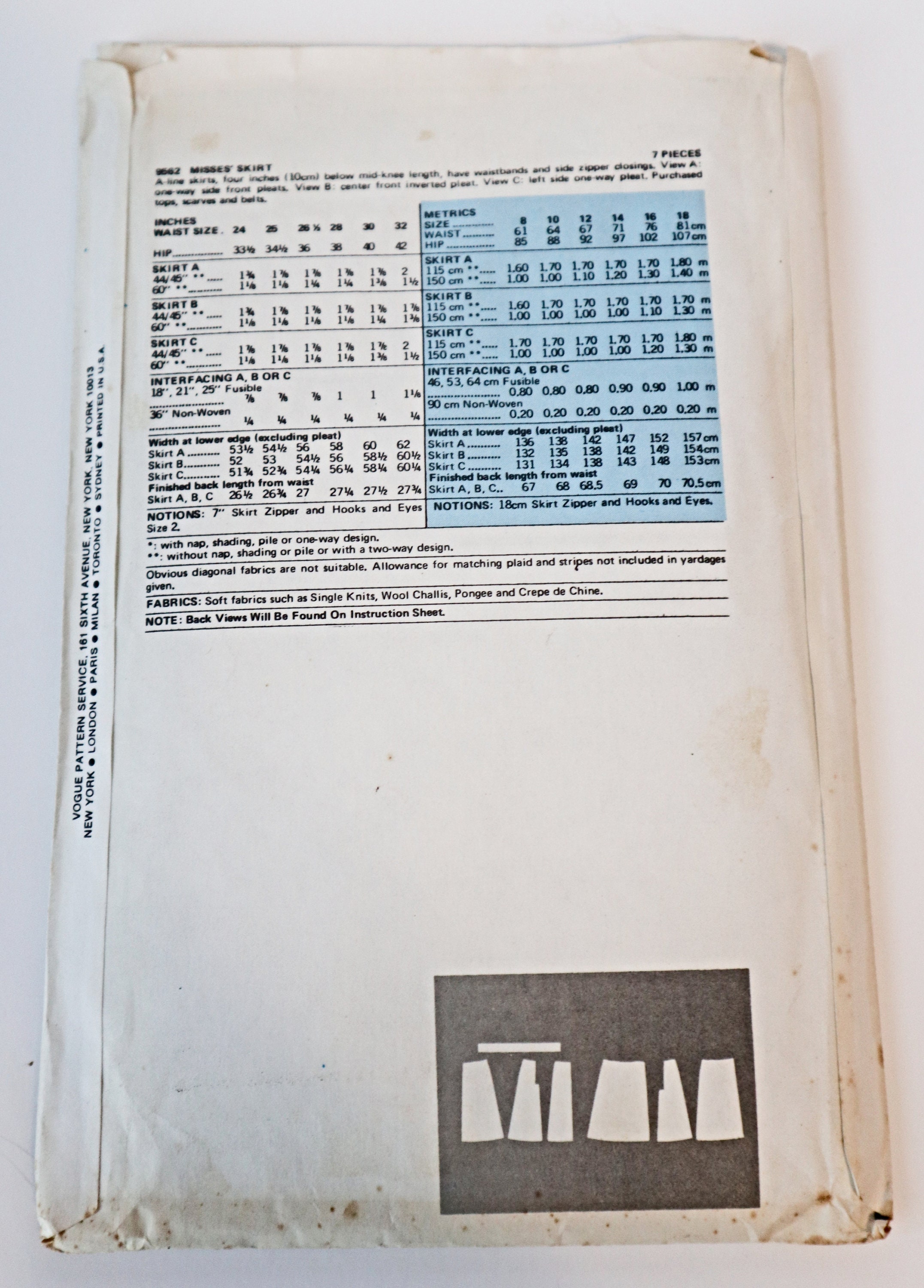 Patterns 9562 Vogue 9562 Sewing Pattern Very Easy Misses' Skirt A Line Uncut Size 10 ...
