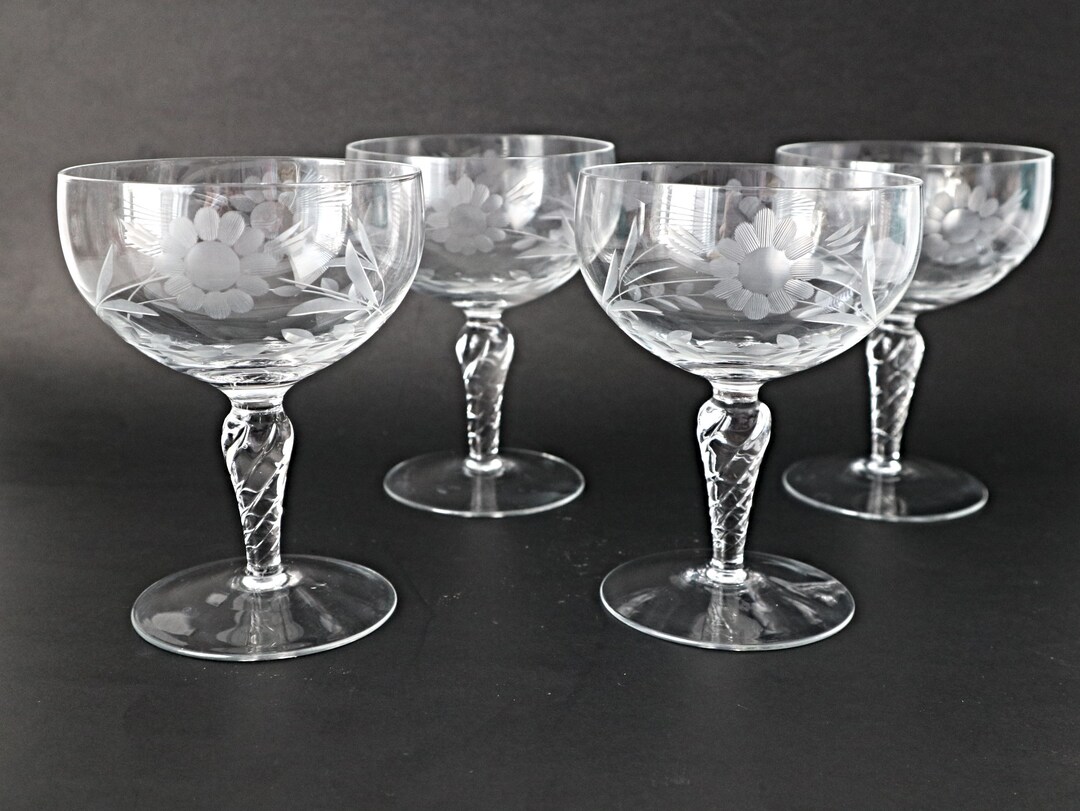 4 Vintage Etched Wine Glasses Barware MCM - Etsy