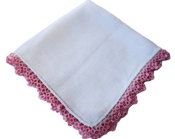 Handkerchief Hanky Hankie Vintage White  With Pink Tatted Edge