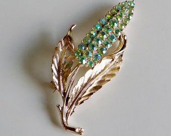 Vintage Floral Green Rhinestone Brooch Pin Mid Century