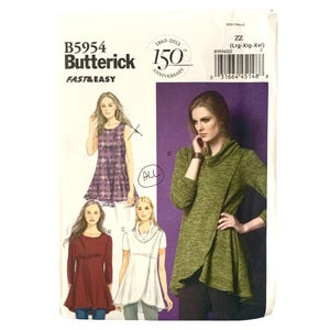 May include: A Butterick sewing pattern, B5954, showing illustrations of tunic tops. The pattern includes a green wrap top and other designs. The pattern celebrates the 150th anniversary.