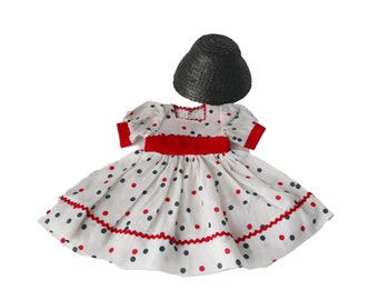 Vintage Handmade 1950s Linen Doll Dress & Straw Hat 8" Doll Polka dots