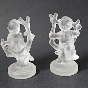 2 Vintage Hummel Lead Crystal Figurines Boy & Girl Sitting in the Apple Tree Goebel