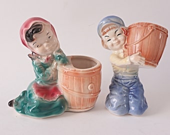Pair of Royal Copley Girl and Boy with Barrel Vintage Planters Planter