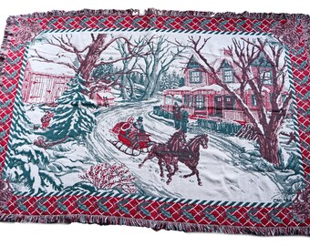 Vintage Woven Tapestry Throw Blanket Winter Scene Horse Sleigh by Chatham