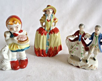 3 Occupied Japan Figuines Girl with Dog  Victorian Couple Colonial Lady Instant Collection Figurine