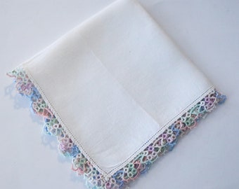 Handkerchief Hanky Hankie Vintage White With Varigated Pink & Blue Tatted Edge