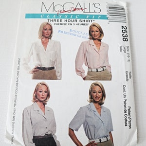 May include: A sewing pattern for a classic fit shirt. The pattern is for sizes 16-18 and is called "Three Hour Shirt". The pattern is from McCall's and is labelled "Bouclair No Refund or Exchange".