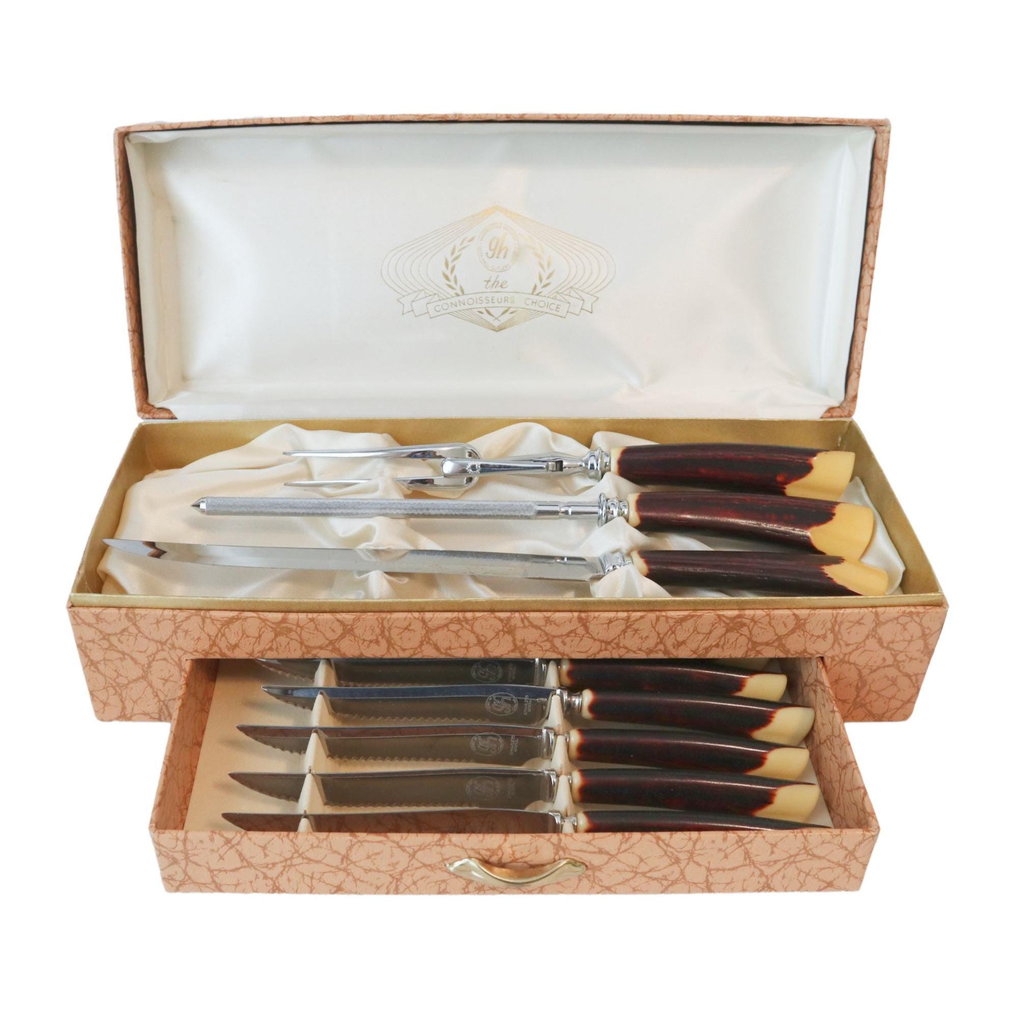 Vintage 9 Pc Glo-hill Cutlery Carving Set 6 Steak Knifes Bakelite