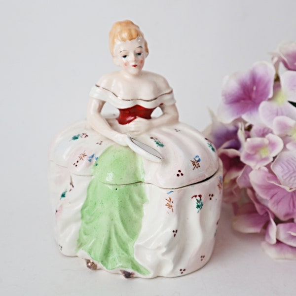 Vintage Victorian Lady Trinket Box Hand Painted Ceramic Dresser Box Boudoir 1940's